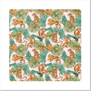 Tigers and Tropical Leaves Exotic Watercolor Posters and Art